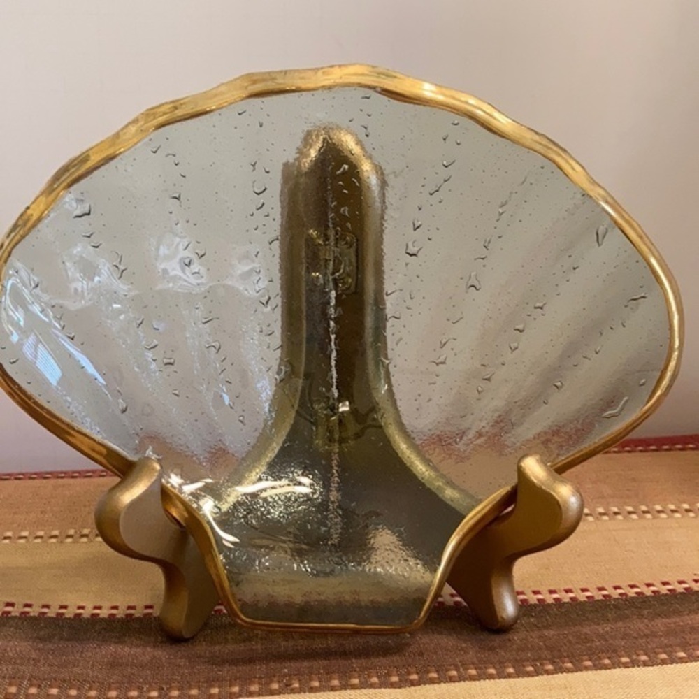 Heavy scallop shell bubble art thick glass w/gold trim candy dish